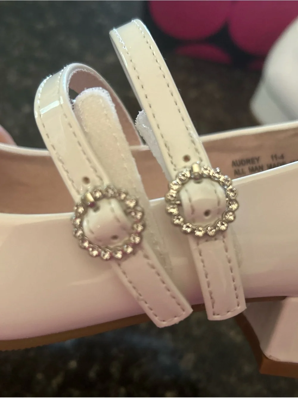 White Patent Mary Jane Heels with Decorative Buckles